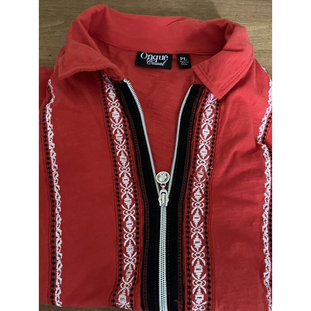 Onque Casual Full Zip Embroidery Shirt 3/4 Sleeve Pockets‎ Red PL Petite Retro